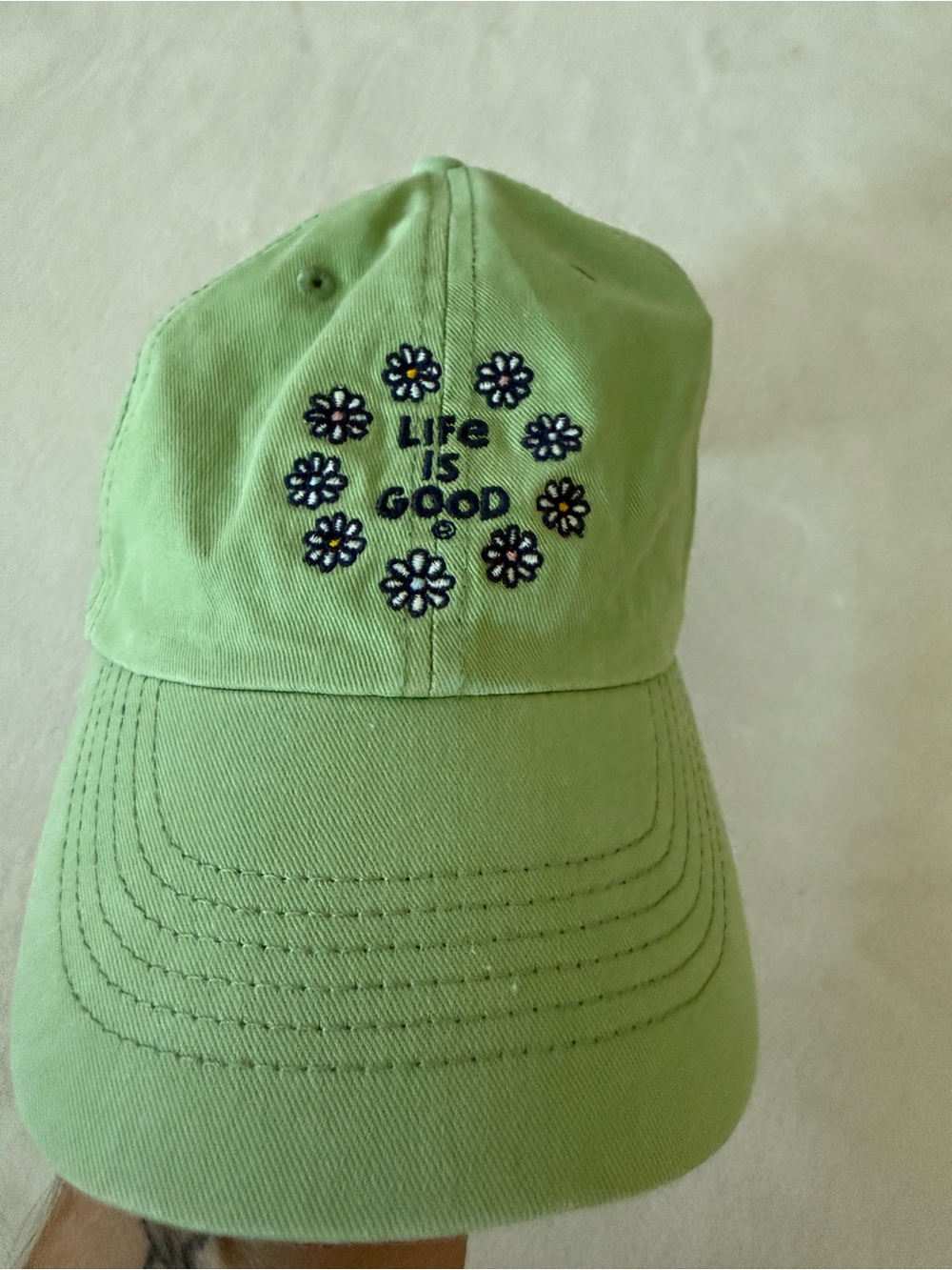 Life is Good Baseball Style Cap Green with Daisy Flowers Adjustable
